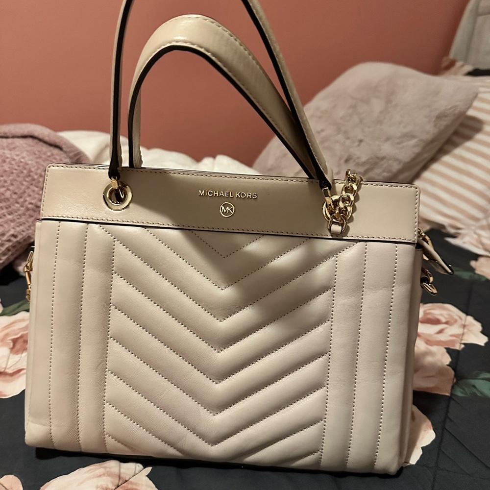 Michael Kors Cream Quilted Satchel with Chevron Design